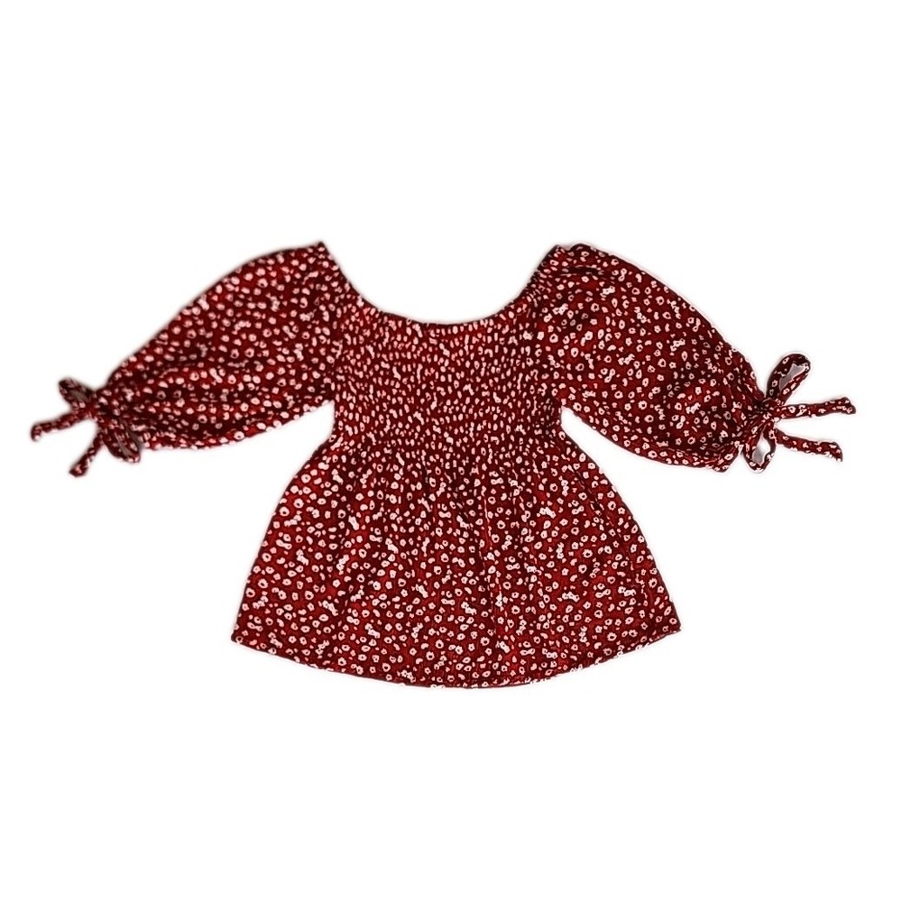 Womens Floral Off Shoulder Puff Sleeve Babydoll Top M Red Milkmaid Peasant Y2K‎